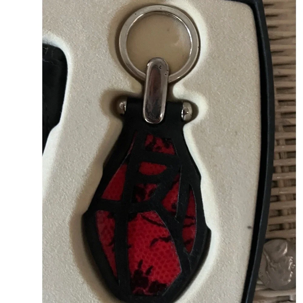 Renzo Costa Leather Gift Set Coin Purse & Key Fob Boxed Black Red Laser Cut Peru